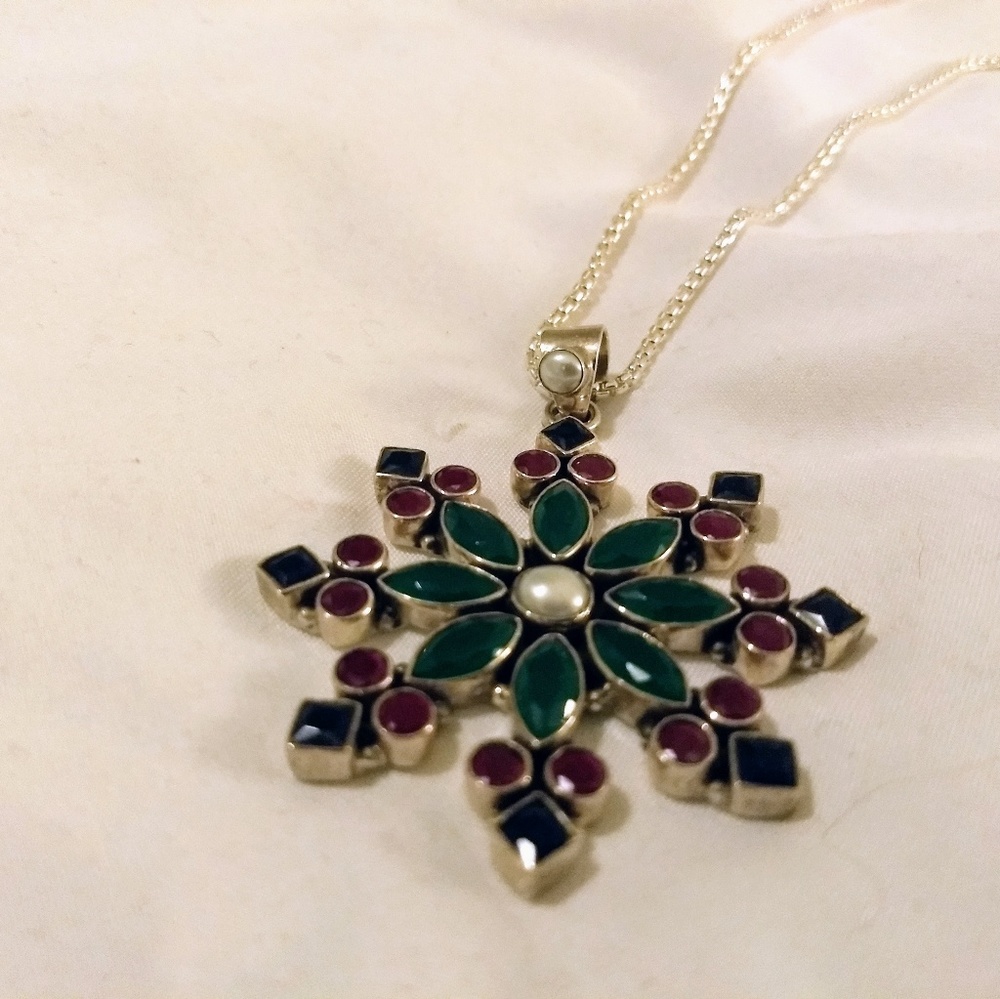 Silver, green, red, blue and pearl necklace